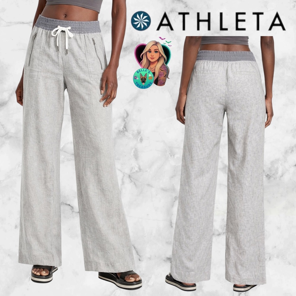 Athleta Women's 4 Cabo Linen Wide Leg Pants Osprey Gray Drawstring Zipper Pocket